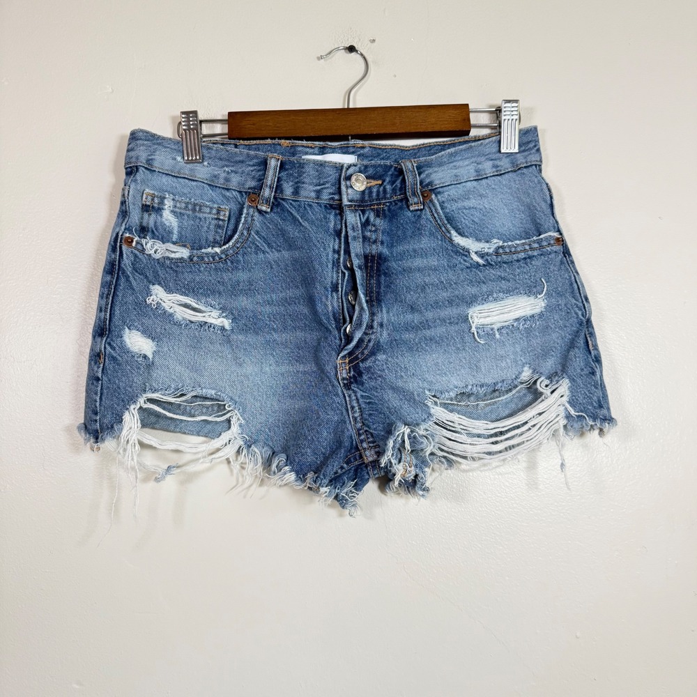 Zara High Rise Distressed Denim Cut Off Shorts Size 6 Blue